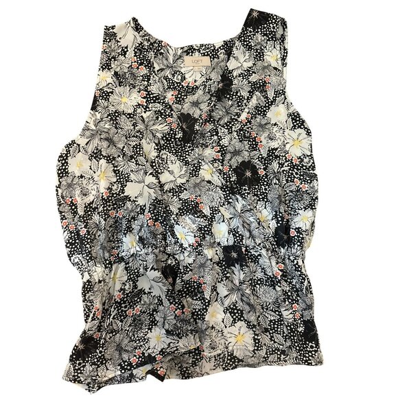 LOFT Outlet Black & White Floral Sleeveless Blouse L Polyester Cottage Summer - Picture 1 of 5